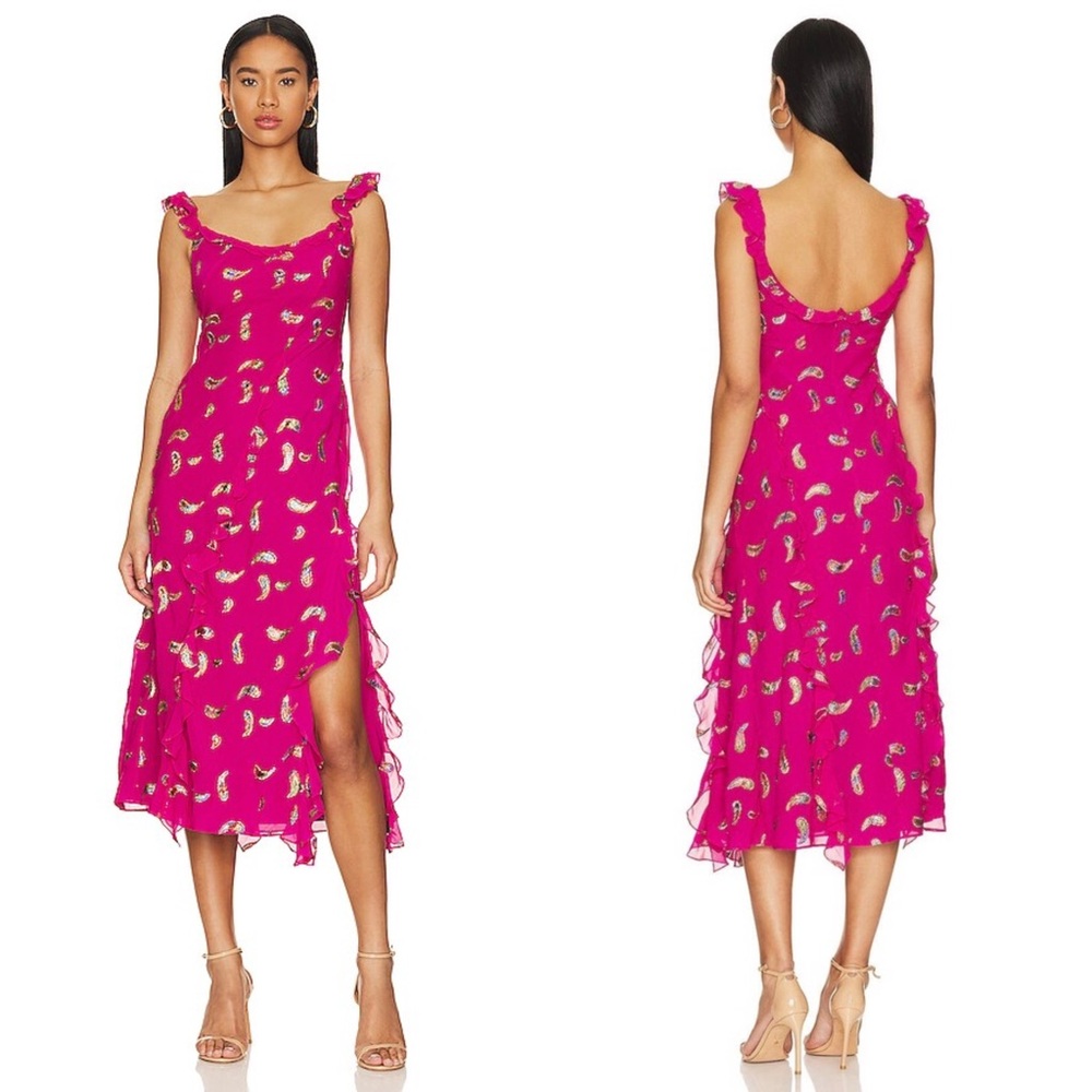 SALONI Silk Metallic Paisley Embroidery Scoop Neck Ruffle Wedding Guest Dress 10 - Picture 4 of 8